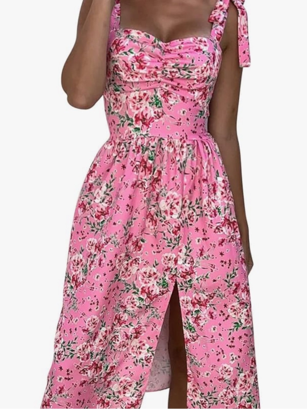 Women's Boho Summer Floral Print Tie Strap Sleeveless Flowy Slit Ruffle A Line M